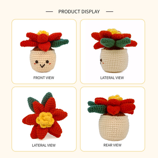 Crochet Red Flower Pot Plush, Handmade Amigurumi Plant Decor Gift