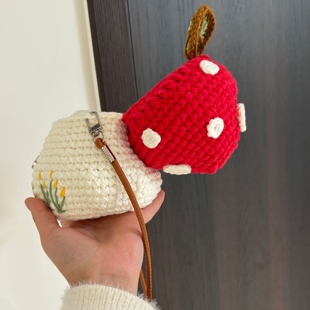 DIY handmade mushroom crossbody bag, crochet kit, knitted phone bag, a fun way to pass the time.