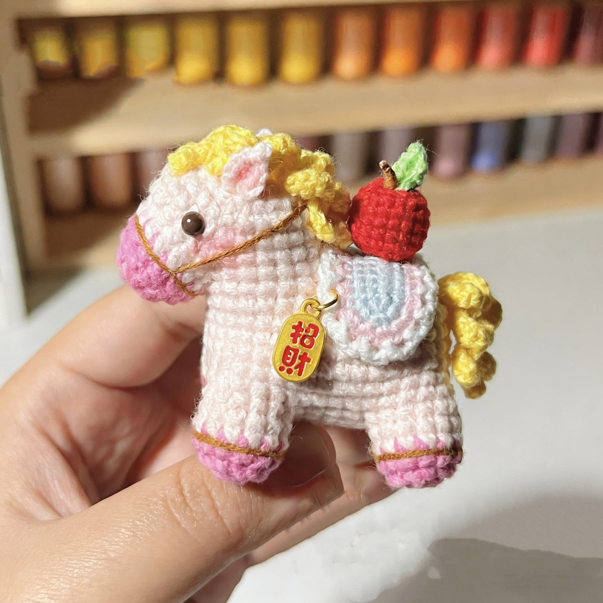 DIY Crocheted Horse Year Keychain with Wooden Horse Doll - Homemade Yarn Kit