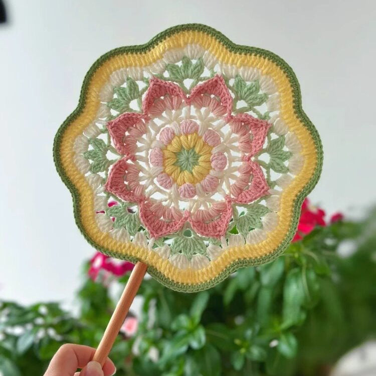 DIY crochet fan kit with traditional Chinese style, featuring Dunhuang patterns, for handmade crafts, including coasters and fans as gifts.