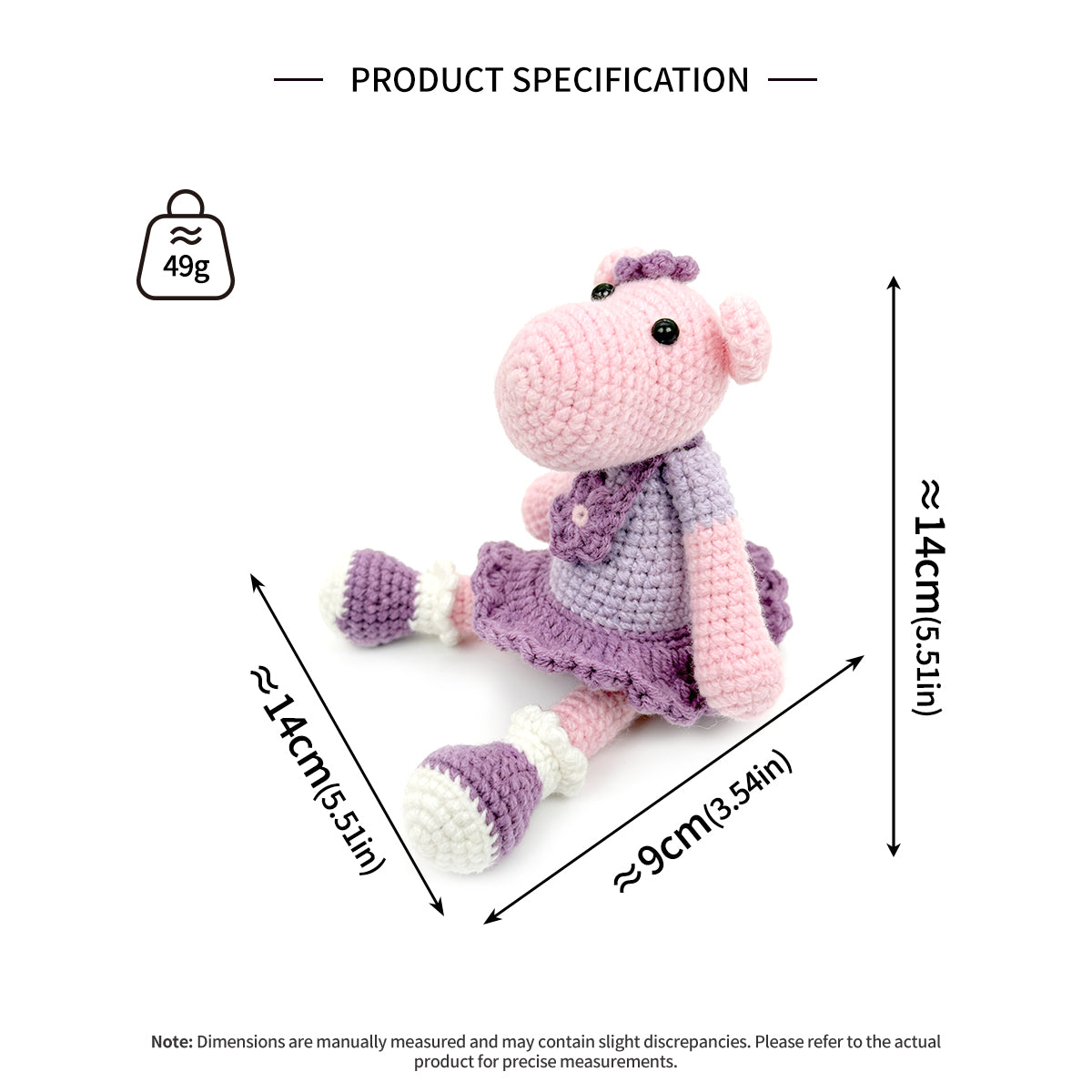 Handmade Crochet Hippo Plush - Cute Amigurumi Animal in Purple Dress