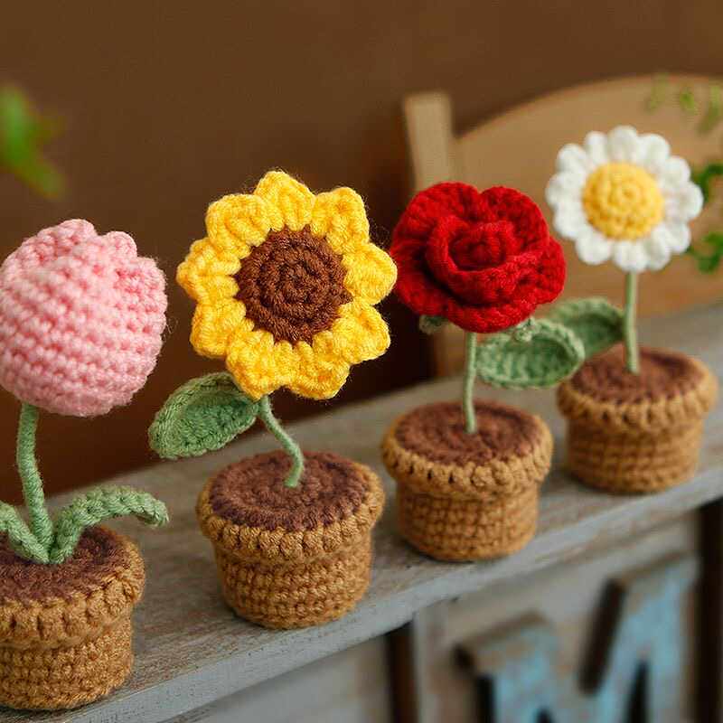 Crochet DIY kit Mini potted plant bouquet, handmade yarn flowers, homemade tulips, car ornaments