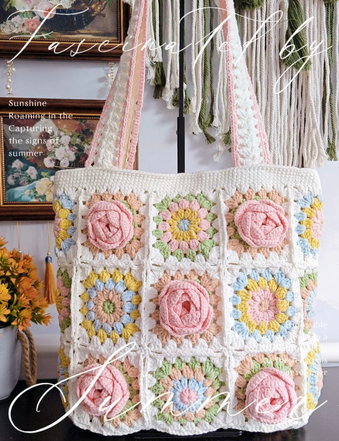 Camellia hand-knitted shoulder handbag diy material bag wool crochet granny bag gift homemade