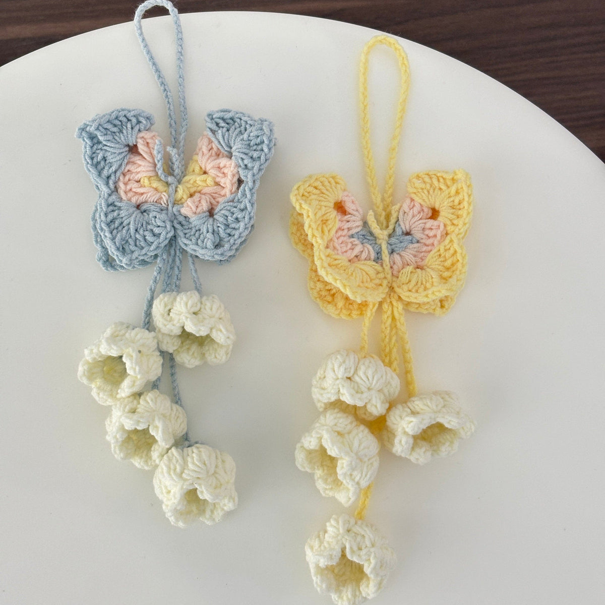 Handmade woven butterfly lily of the valley flower pendant, DIY material kit for making bag charms, keychains, and gifts.