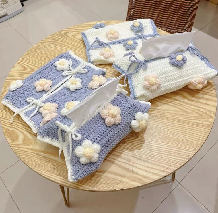 Puff Flower Strawberry Lily of the Valley Tissue Box Knitting DIY Material Kit Yarn Crochet Hook Tissue Box