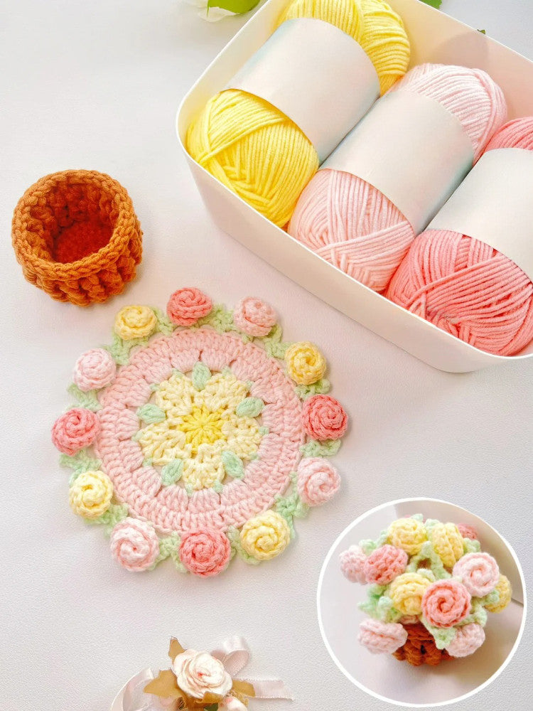 Daisy bouquet coaster DIY crochet kit with lily of the valley hand-knitted roses