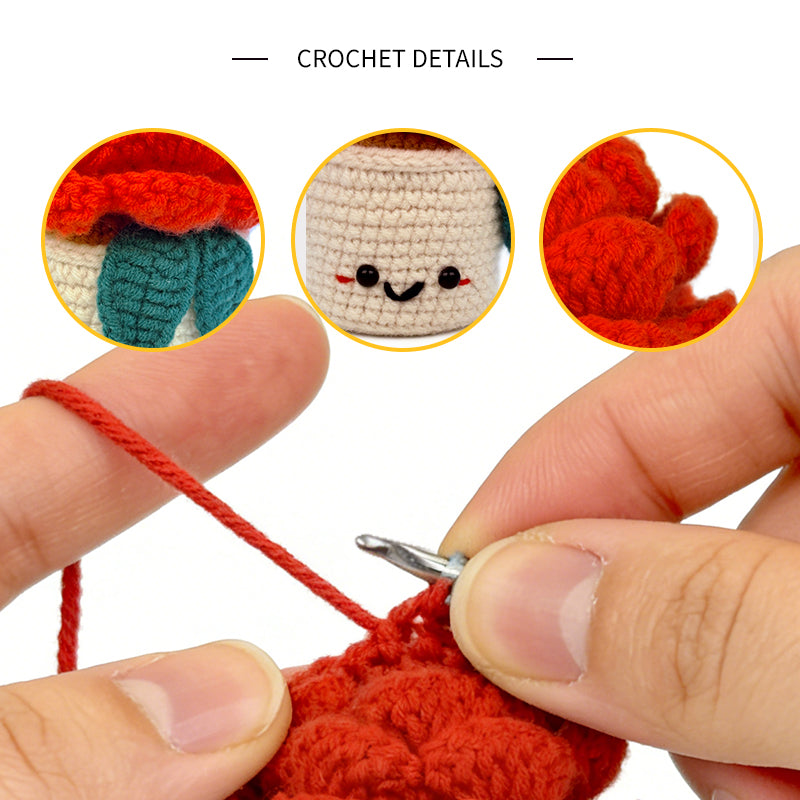 Crochet Potted Flower Plush, Handmade Red Rose Amigurumi Plant Decor