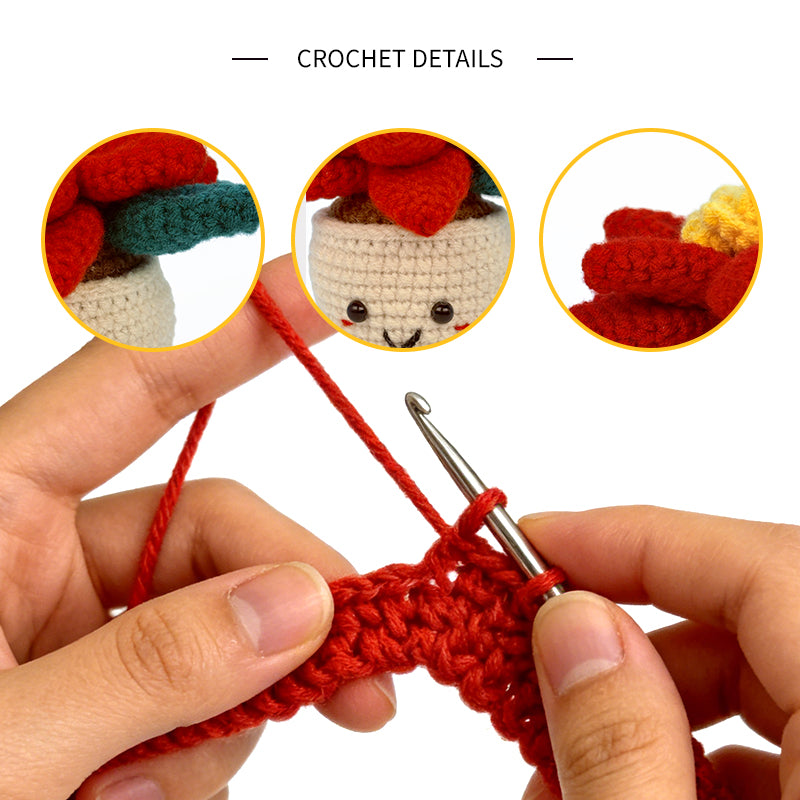 Crochet Red Flower Pot Plush, Handmade Amigurumi Plant Decor Gift