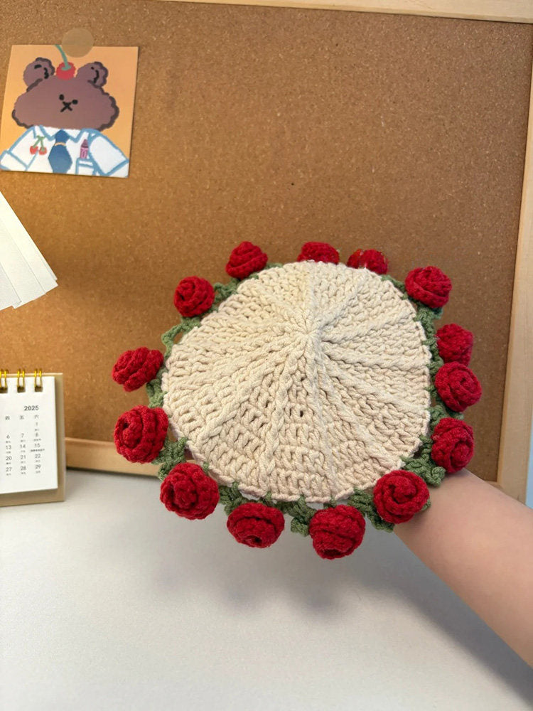 Mini rose bouquet blanket coaster yarn crochet DIY knitting kit