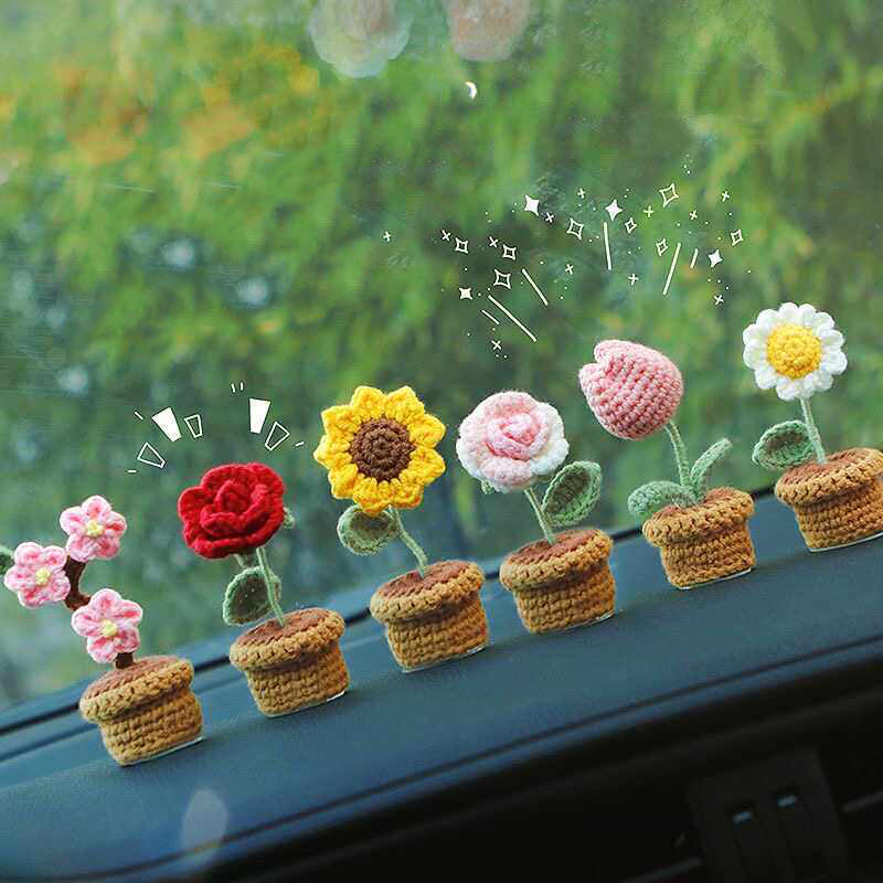 Crochet DIY kit Mini potted plant bouquet, handmade yarn flowers, homemade tulips, car ornaments