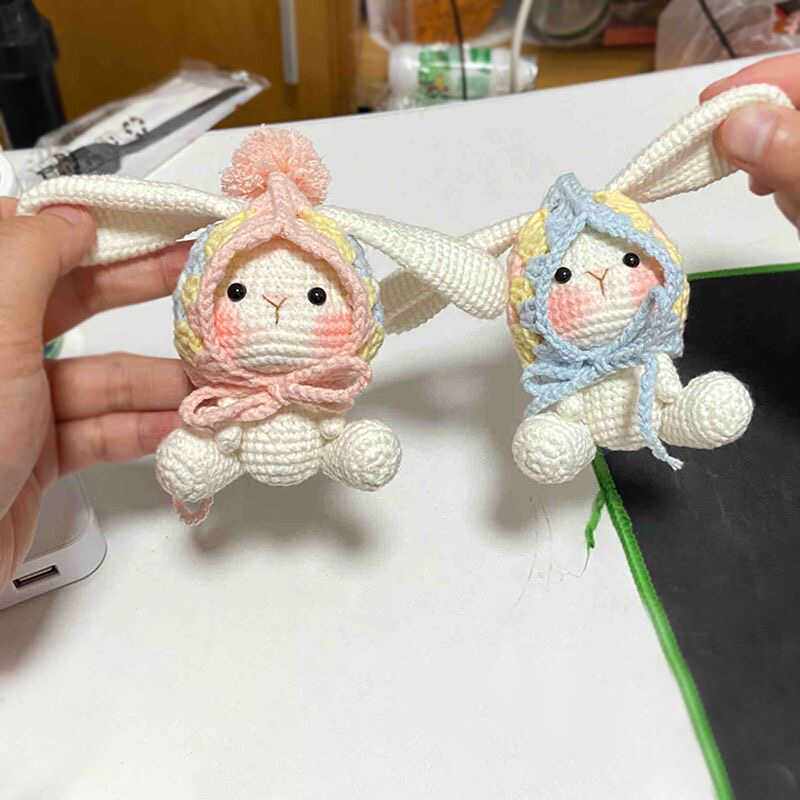 Cute handmade knitted lop-eared rabbit doll, granny check DIY kit, homemade yarn car decoration gift