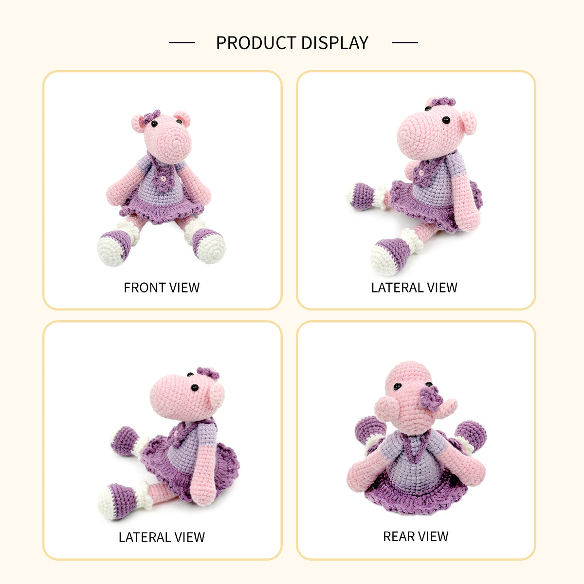 Handmade Crochet Hippo Plush - Cute Amigurumi Animal in Purple Dress