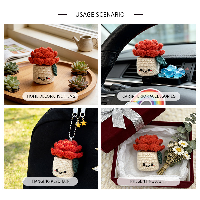 Crochet Potted Flower Plush, Handmade Red Rose Amigurumi Plant Decor