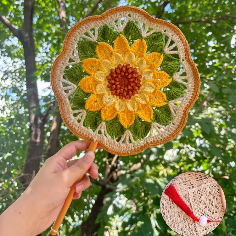 DIY crochet fan kit with traditional Chinese style, featuring Dunhuang patterns, for handmade crafts, including coasters and fans as gifts.
