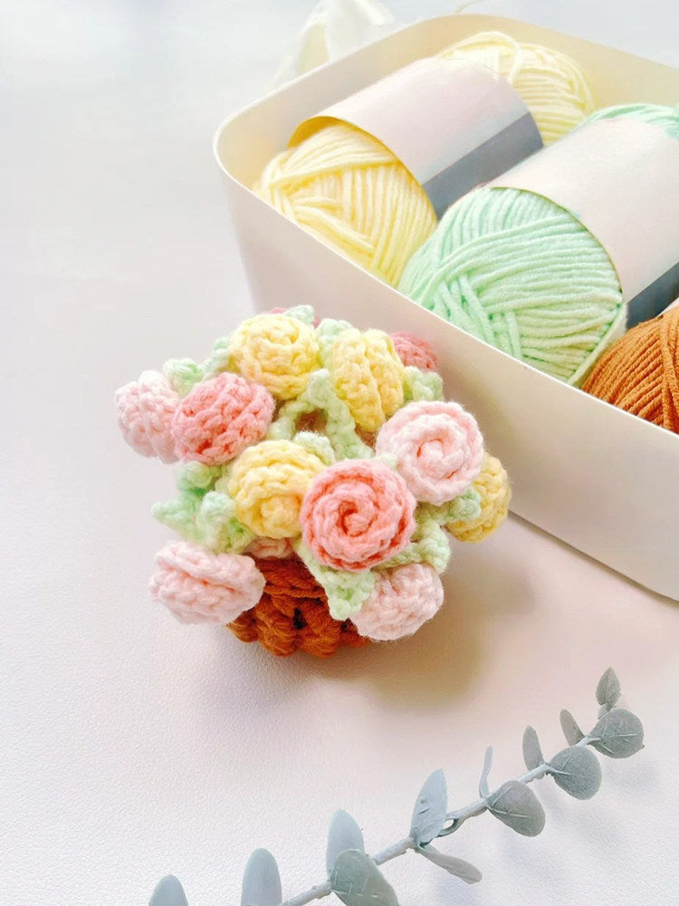 Daisy bouquet coaster DIY crochet kit with lily of the valley hand-knitted roses
