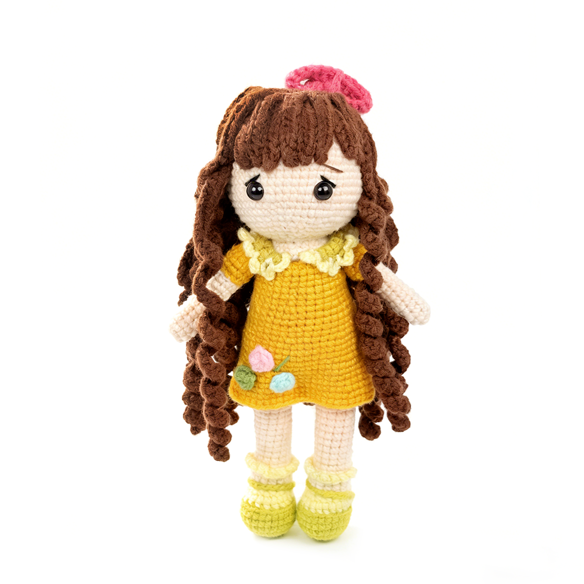 Handmade Crochet Doll - Premium Amigurumi Girl Toy with Brown Curly Hair