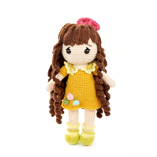 Handmade Crochet Doll - Premium Amigurumi Girl Toy with Brown Curly Hair