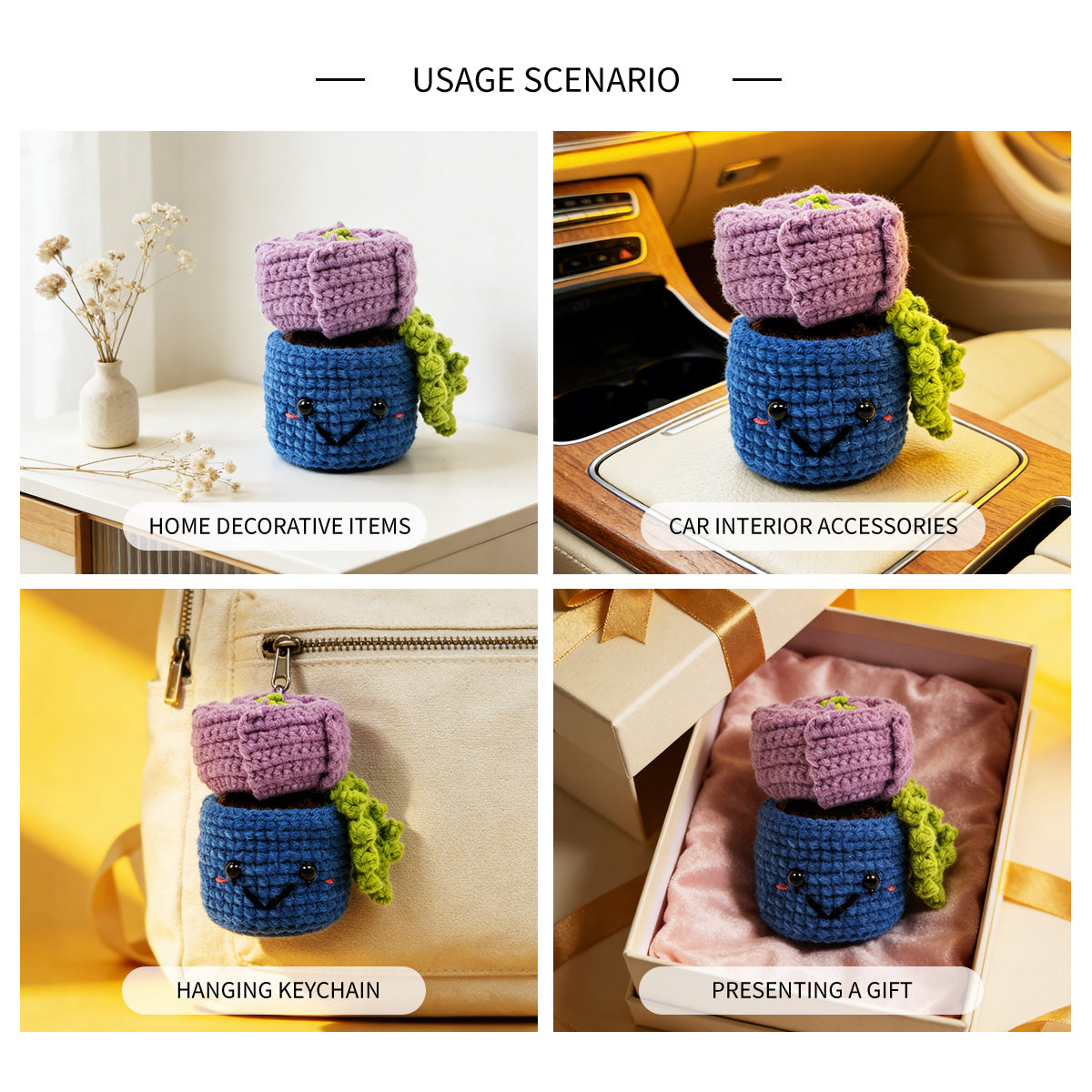 Cute Smiling Potted Succulent Plush - Everlasting Crochet Desk Decor Gift