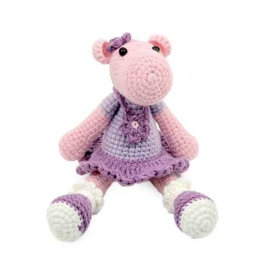 Handmade Crochet Hippo Plush - Cute Amigurumi Animal in Purple Dress