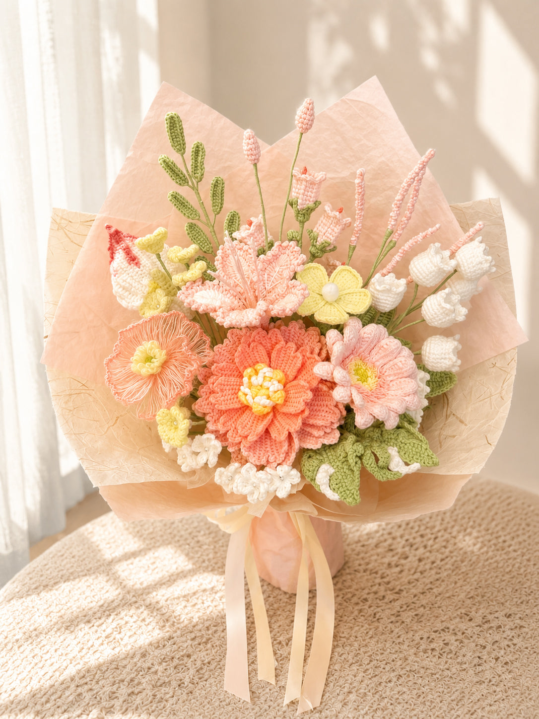 A handmade crochet flower bouquet wrapped in light peach tissue paper and tied with a cream ribbon, displayed on a textured beige surface with soft window light casting shadows.
