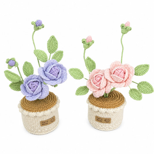 Handmade Crochet Double Rose Potted Plant