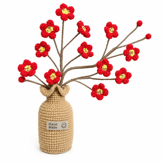 Handmade Crochet Red Plum Blossom Vase