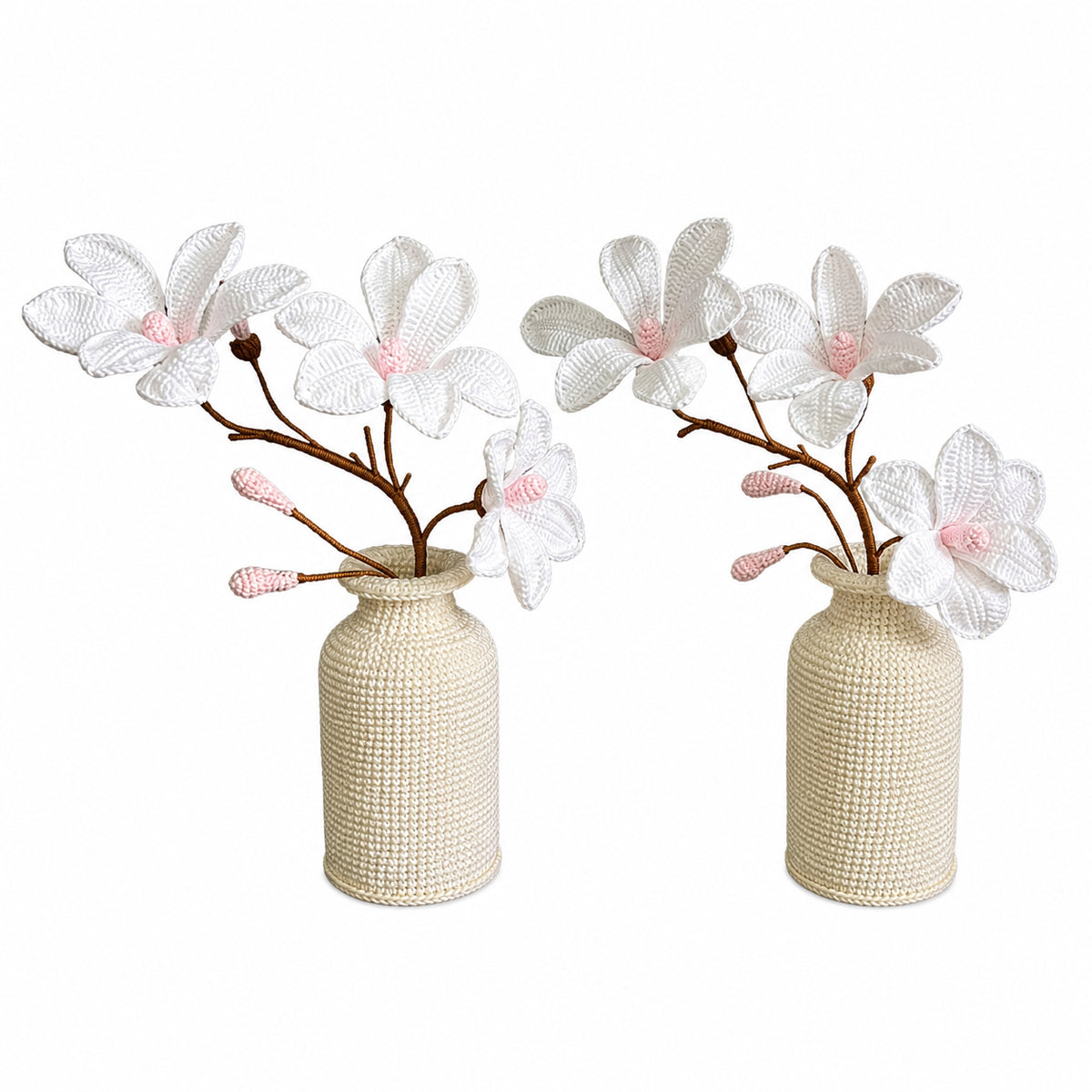 Handmade Crochet Three-Bloom Magnolia Vase
