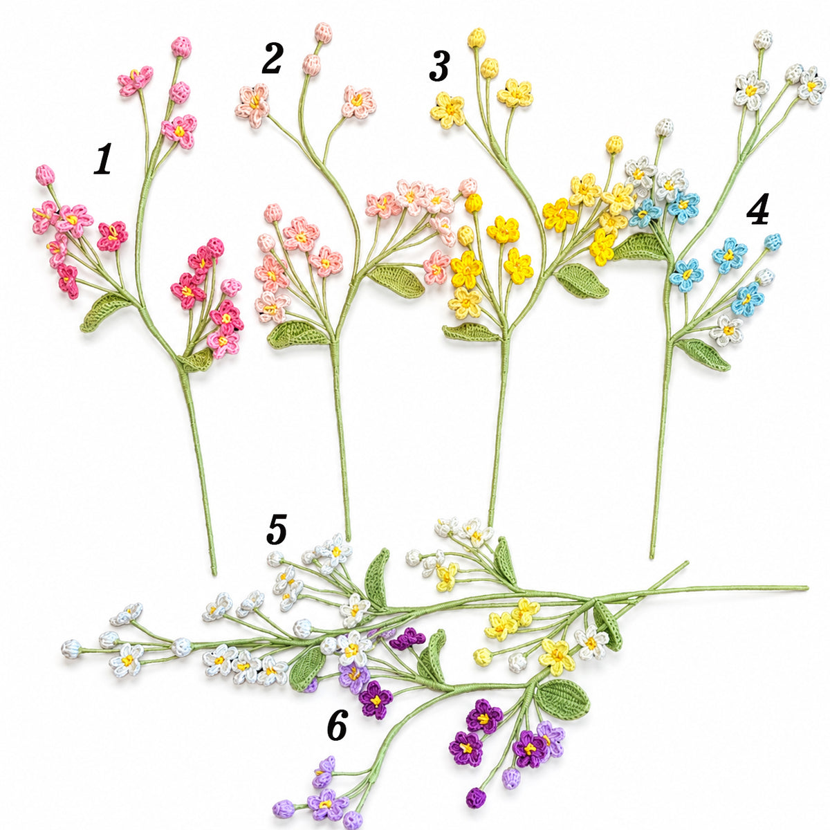 Handmade Crochet Branching Forget-Me-Not Stems