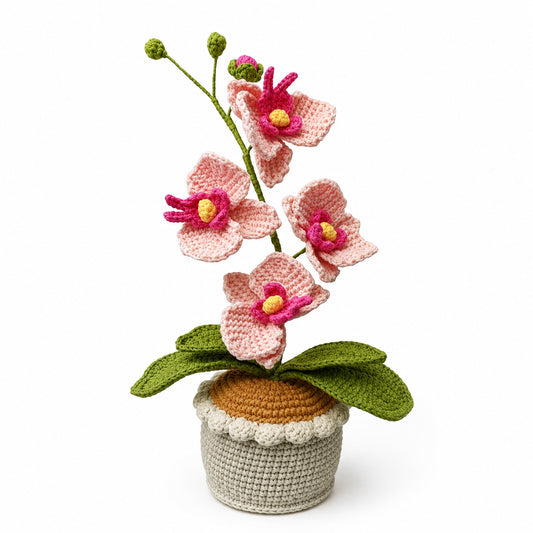 A crocheted orchid plant in a small pot, featuring pink and magenta flowers with yellow centers, green leaves, and green buds, set against a plain white background.