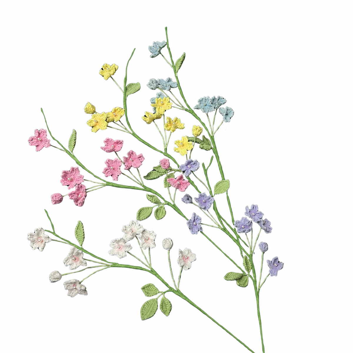 Colorful floral arrangement with pink, yellow, blue, and white flowers on a white background