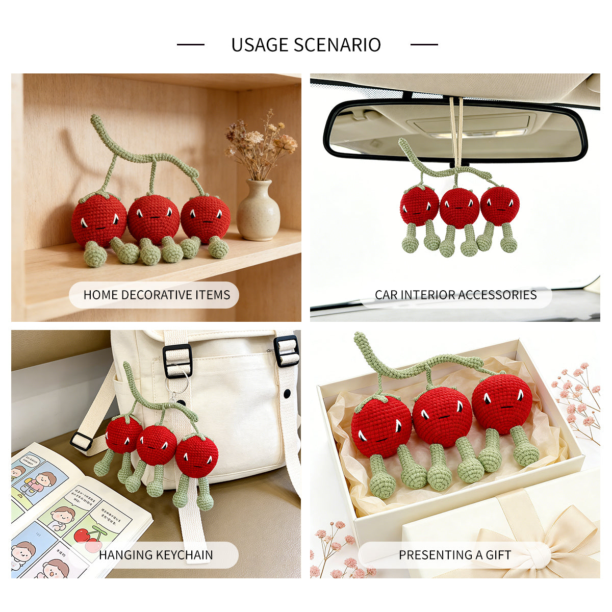Crochet Cherry Plush Toy, Handmade Amigurumi Fruit Doll Gift