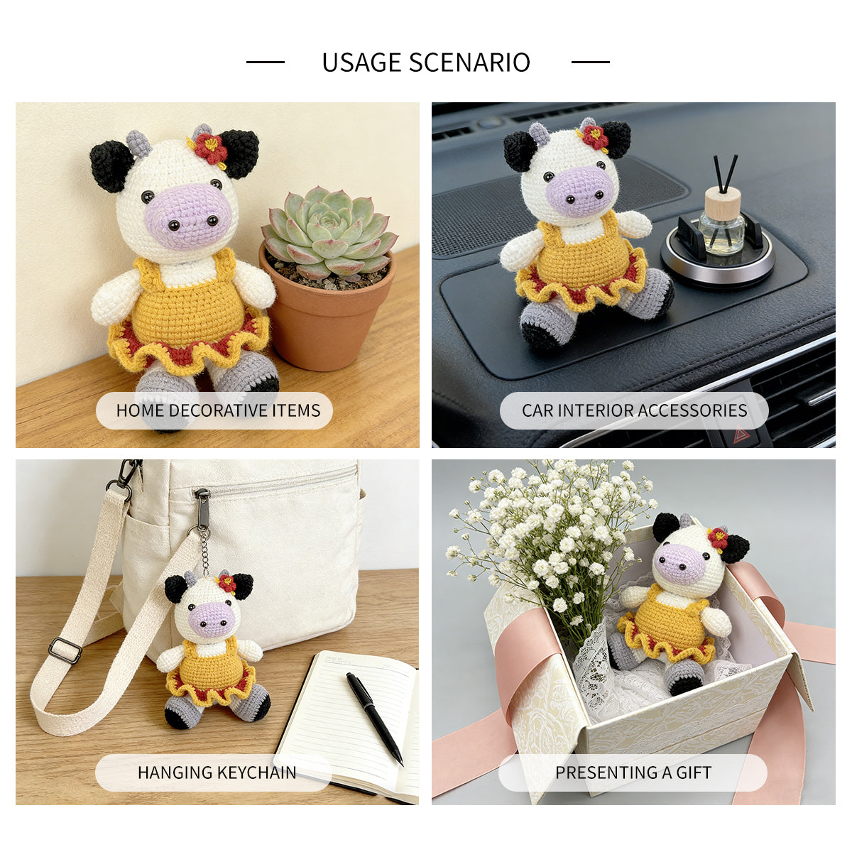 Crochet Cow Plush Doll, Handmade Amigurumi Farm Animal Toy for Kids Gift