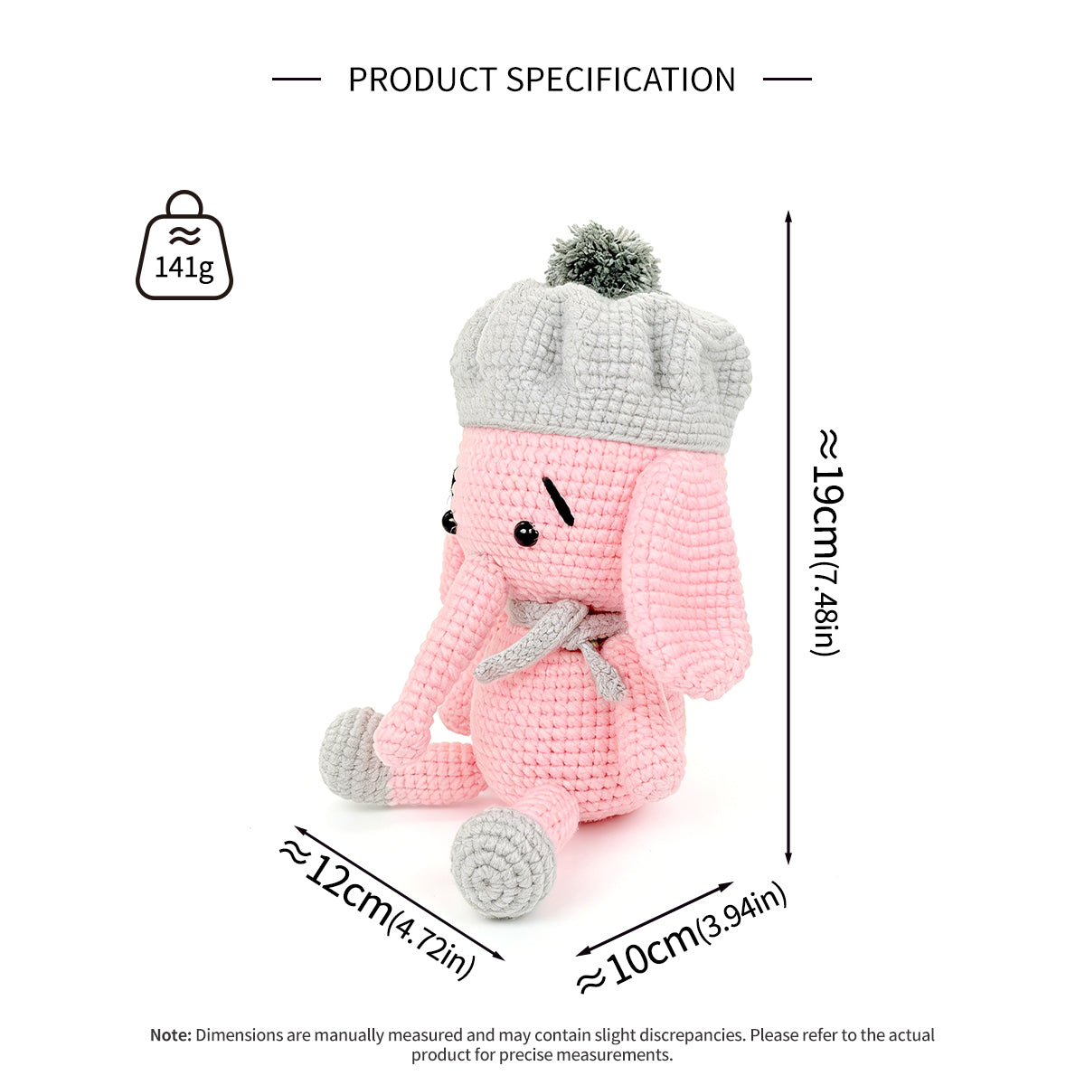 Crochet Pink Elephant Plush Toy, Handmade Amigurumi Animal Doll Gift