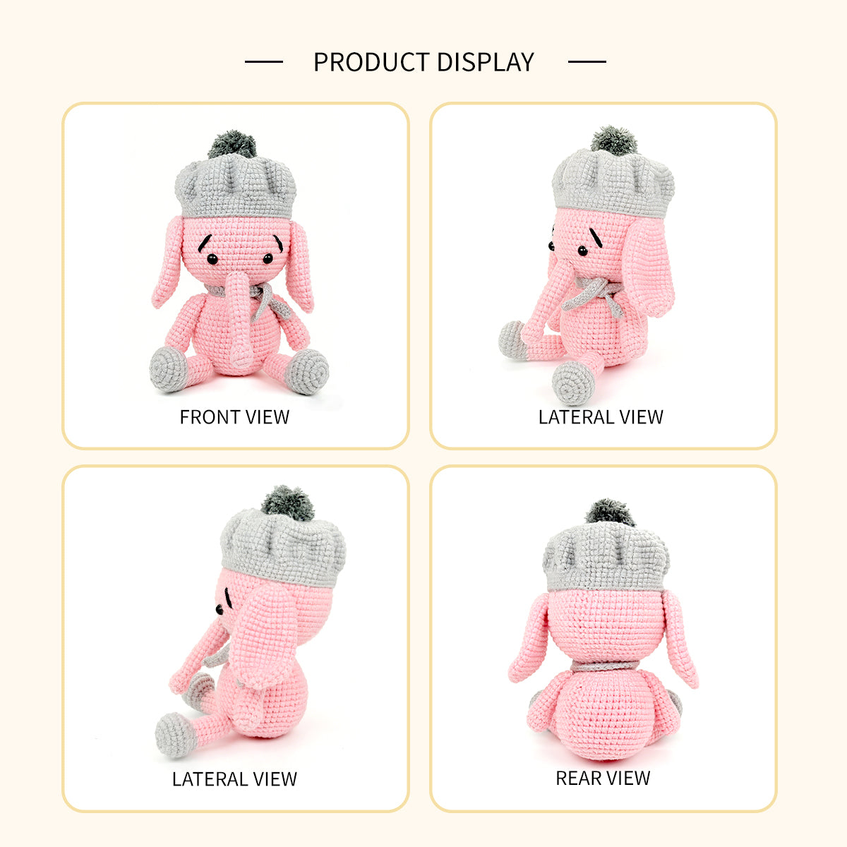 Crochet Pink Elephant Plush Toy, Handmade Amigurumi Animal Doll Gift