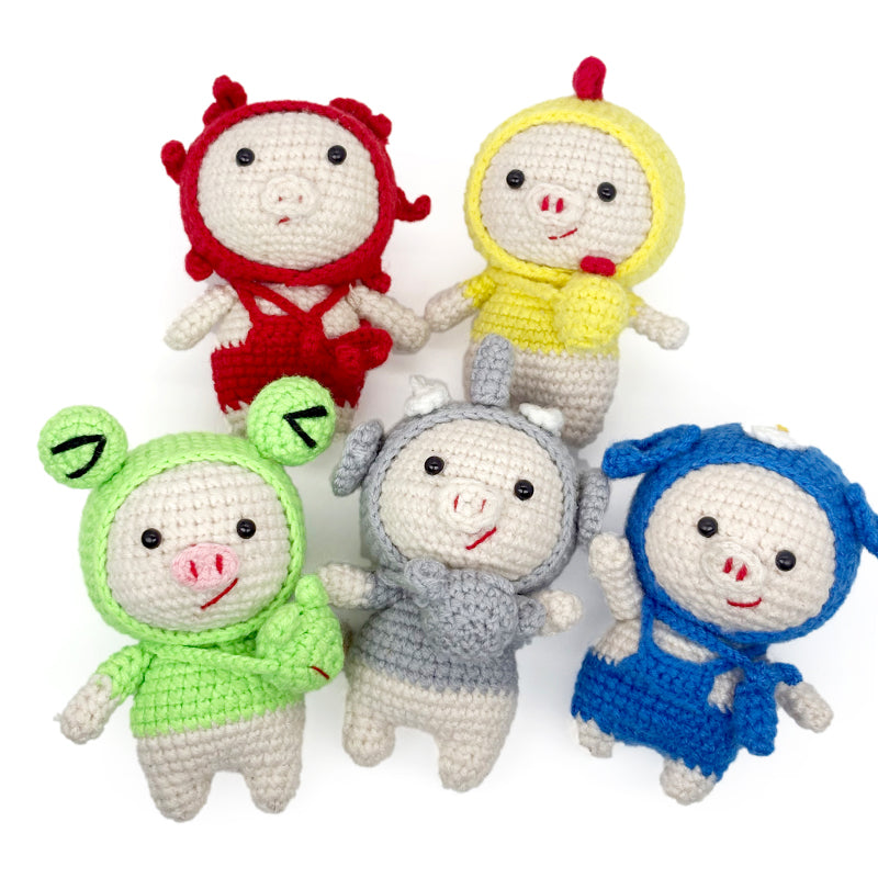 Crochet Pig Plush Doll Set, Handmade Amigurumi Animal Toys for Kids Gift