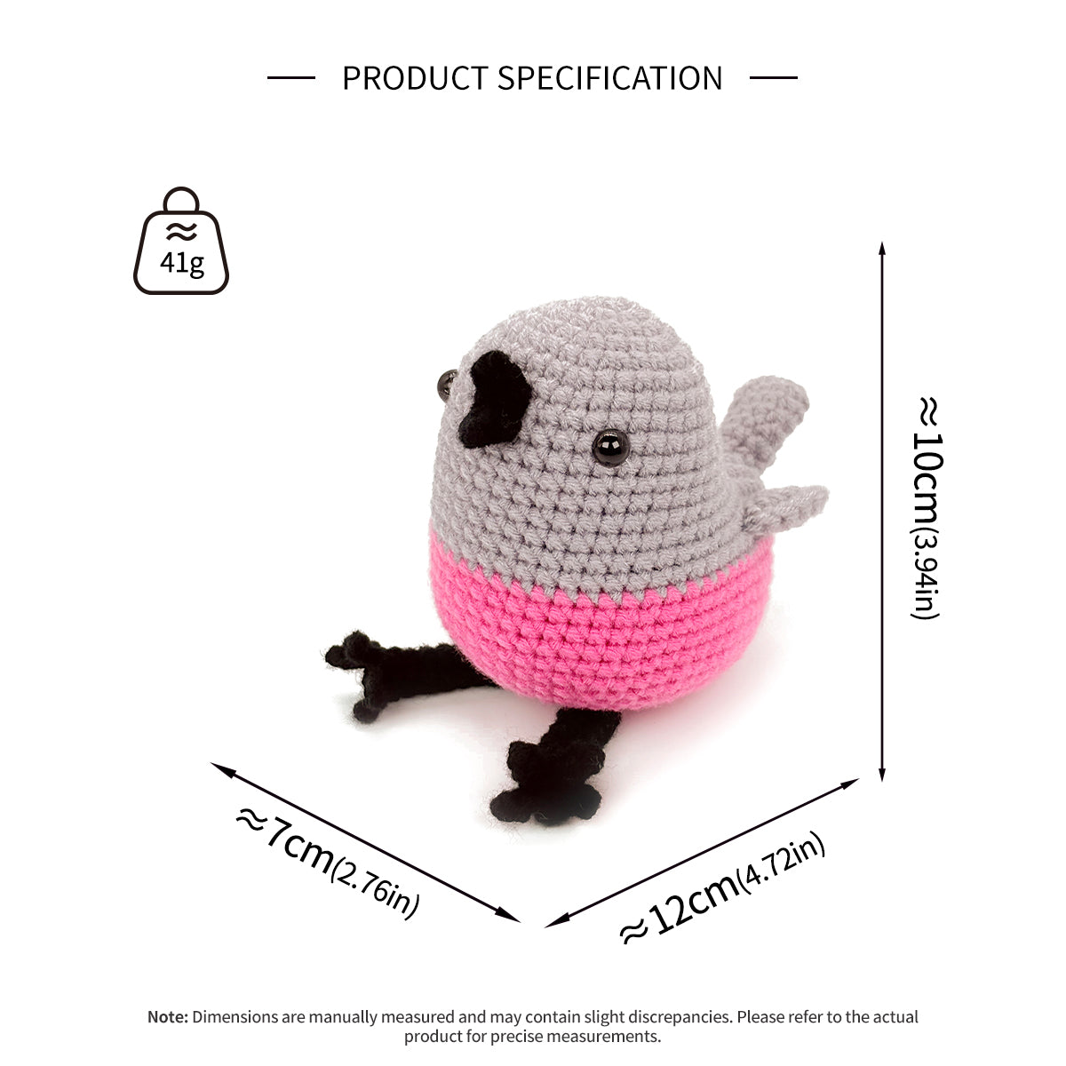 Crochet Bird Plush Toy, Handmade Gray Pink Amigurumi Animal Doll Gift