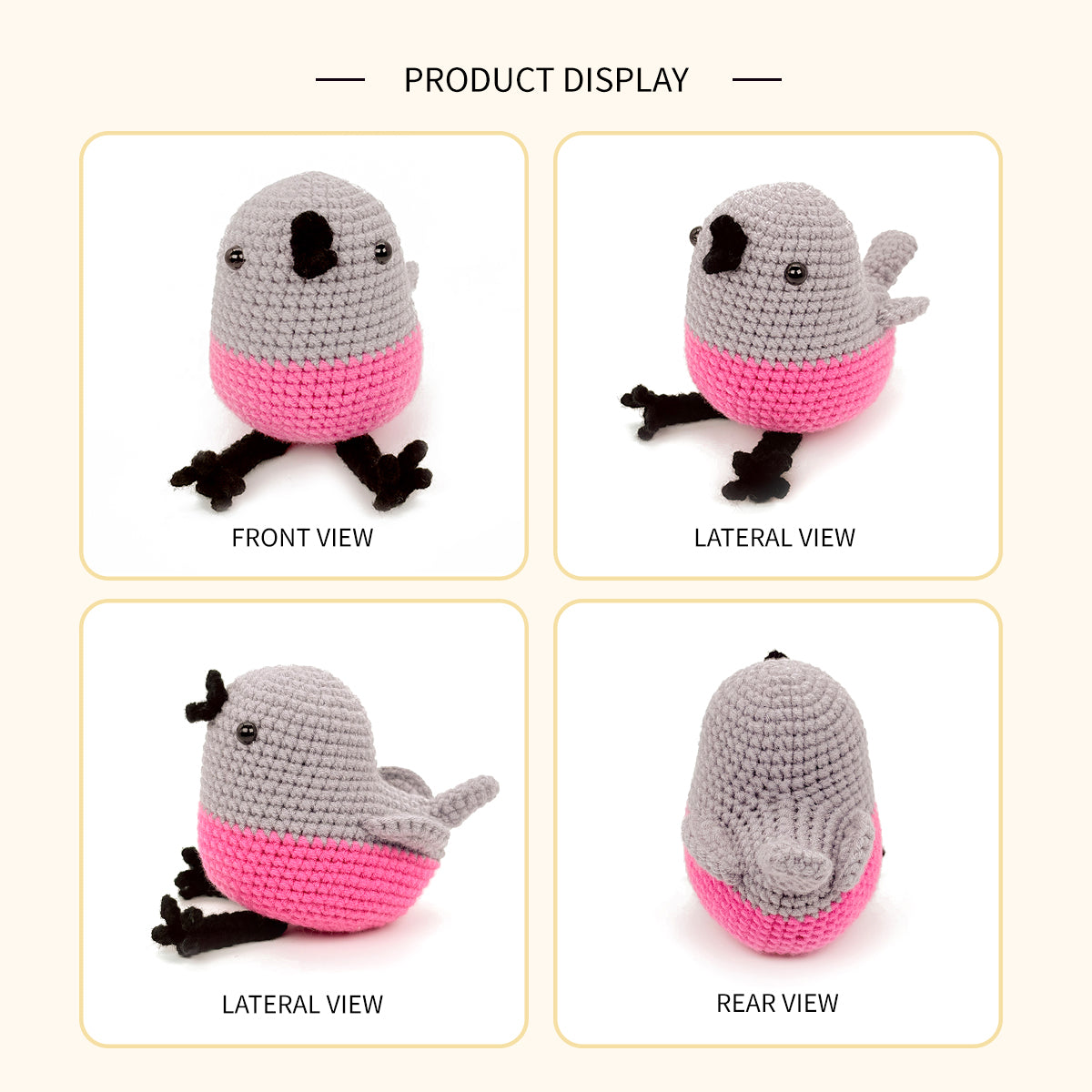 Crochet Bird Plush Toy, Handmade Gray Pink Amigurumi Animal Doll Gift