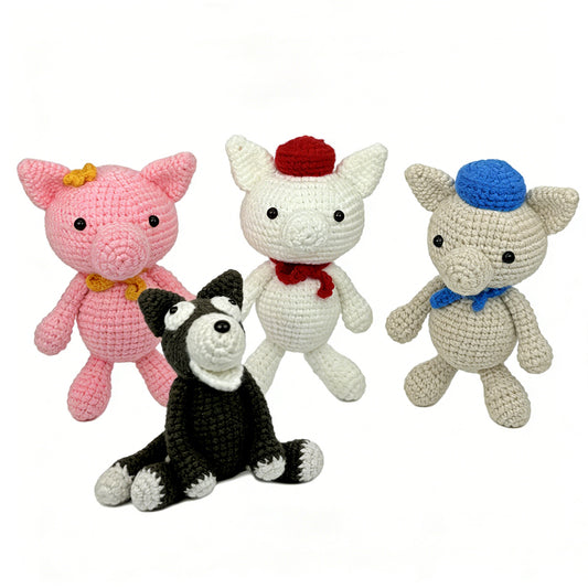 Three Little Pigs and Big Bad Wolf Crochet Toy Set - Storytime Amigurumi
