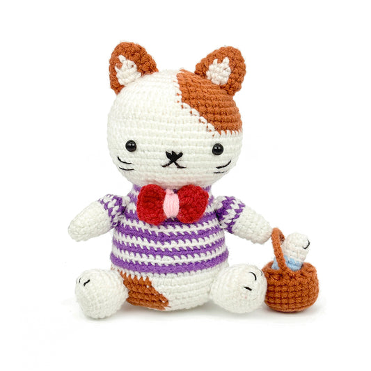 Handmade Crochet Cat Plush Toy with Basket - Amigurumi Kitty Baby Gift