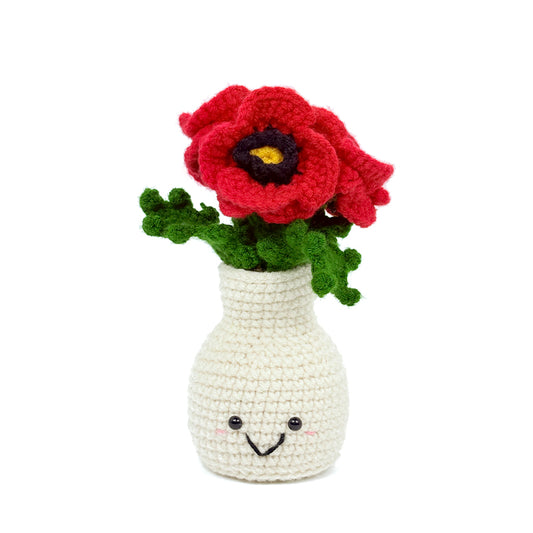 Crochet Red Flower Vase Plush, Handmade Amigurumi Floral Decor Gift