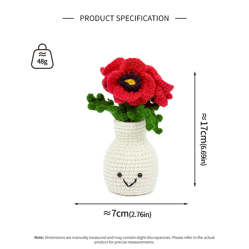 Crochet Red Flower Vase Plush, Handmade Amigurumi Floral Decor Gift
