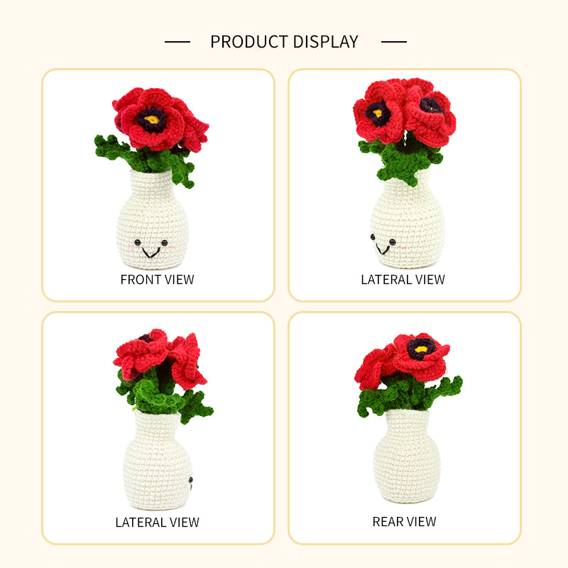 Crochet Red Flower Vase Plush, Handmade Amigurumi Floral Decor Gift