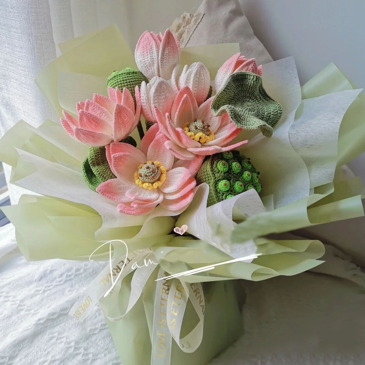 Lotus Flower DIY Woven Bouquet Knitting Kit with Crochet Hooks - Good Luck Preserved Flower Ornament Gift