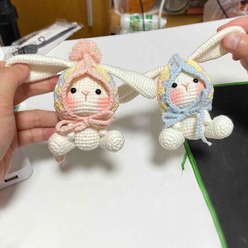 Cute handmade knitted lop-eared rabbit doll, granny check DIY kit, homemade yarn car decoration gift