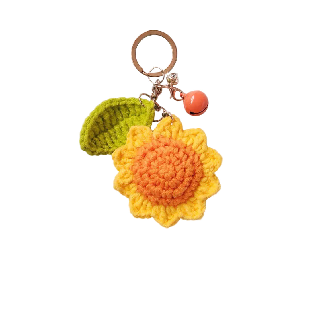 Crocheted sunflower keychain with green leaf and pink bell on a gray background, featuring 'Mingming manual' text.