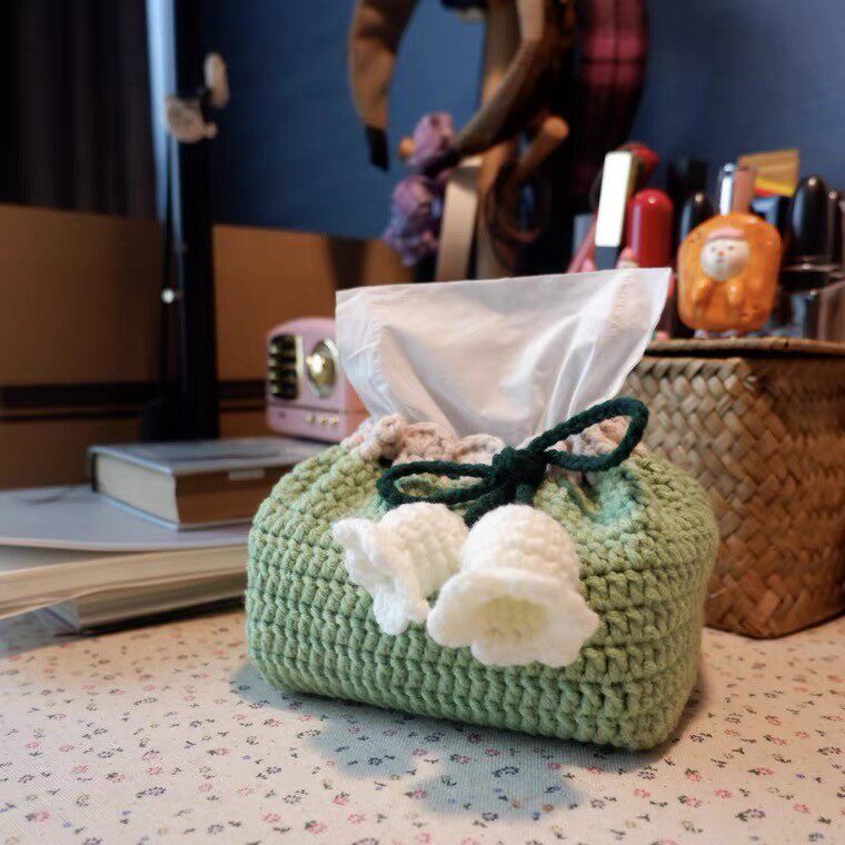Puff Flower Strawberry Lily of the Valley Tissue Box Knitting DIY Material Kit Yarn Crochet Hook Tissue Box