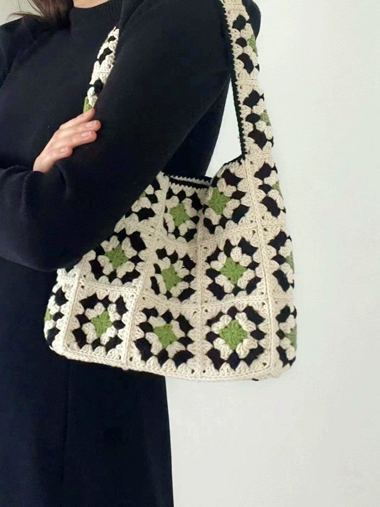 Camellia hand-knitted shoulder handbag diy material bag wool crochet granny bag gift homemade