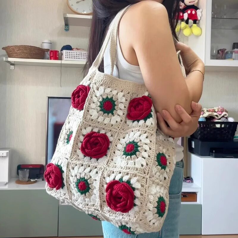 Granny Square Hand-Knitted Bag — Crochet DIY Kit | Wool Knit Camellia Shoulder Bag | Handmade Gift