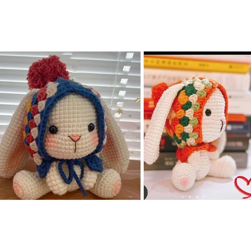 Cute handmade knitted lop-eared rabbit doll, granny check DIY kit, homemade yarn car decoration gift