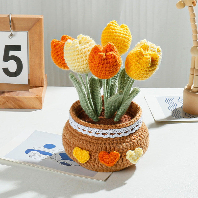 Hand-Woven Flower Bouquet DIY Kit — Featuring Miniature Potted Lotus, Sunflowers, and Handcrafted Crocheted Roses